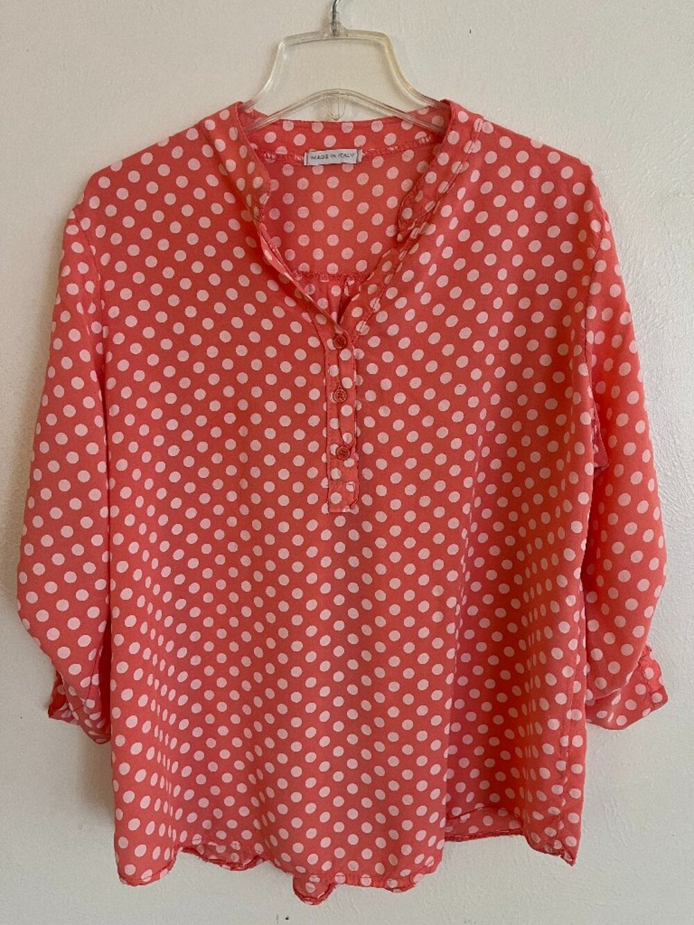 Made in Italy Women's Light Pink Polka Dot Long Sleeve Cotton Blouse Size Medium
